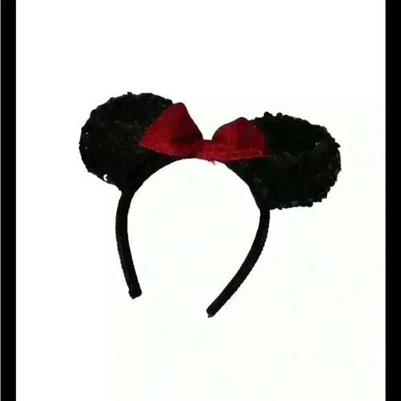 Disney Minnie Mouse Ears Black Red Sequin Sparkly Bow Headband Adult - Picture 1 of 2